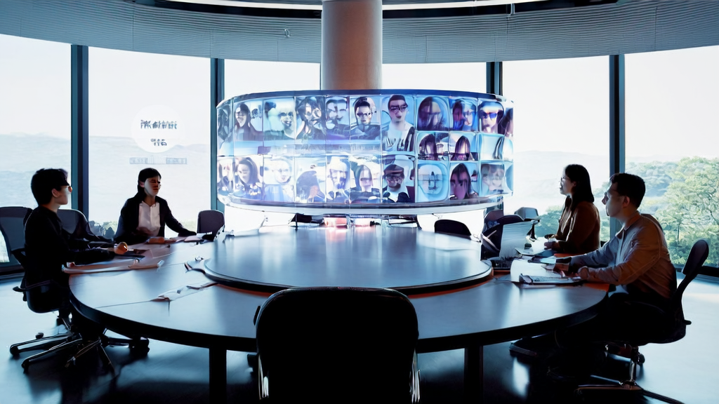 In a futuristic office, a marketing team uses AI technology to optimize email content and improve reply rates