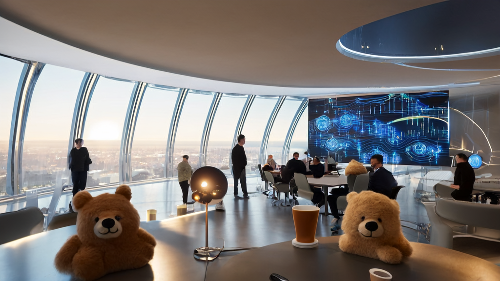 Employees in a futuristic office discussing AI email marketing strategies around a high-tech computer screen, with a wool felt panda art piece on the wall