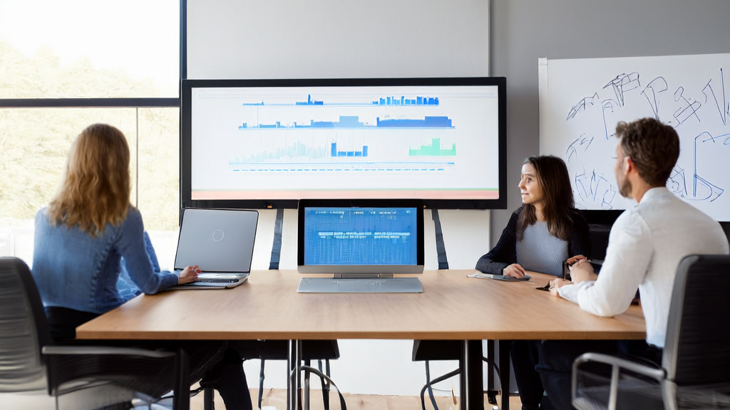 Modern office setting where employees are discussing AI-optimized email marketing using the new ChatGPT note-taking tool