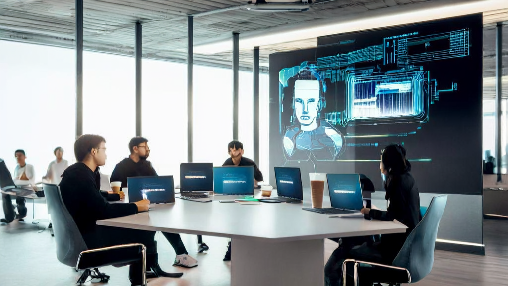 Young startup team discussing AI email marketing and GUAVA technology in a modern office