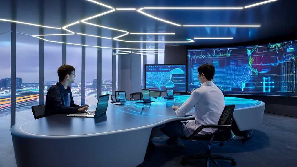 一群创业者在现代办公室中使用AI技术优化邮件发送时间，提高转化率