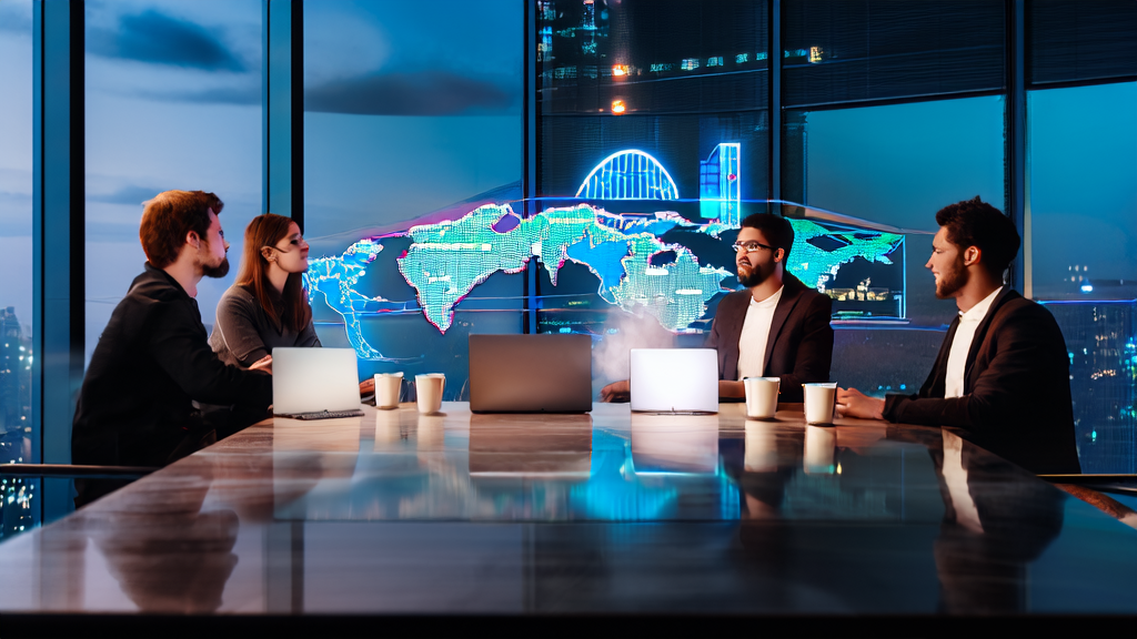 Entrepreneurs discussing in a modern office how to optimize email sending times using AI to increase customer response rates in cross-border commerce