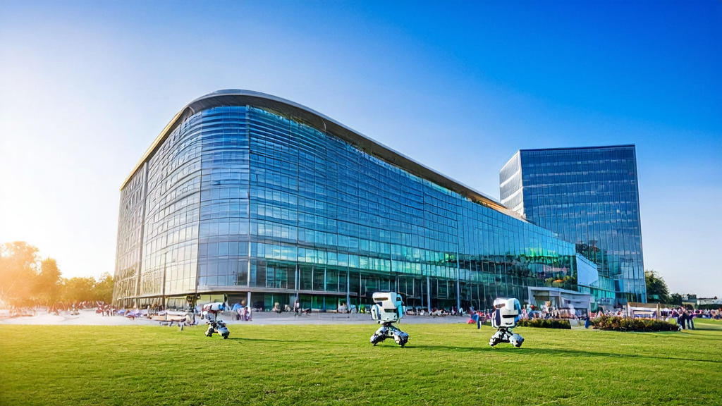 Robots efficiently processing and distributing high-quality emails generated by Ovis2.5 in front of a corporate building, with customers actively responding to the emails