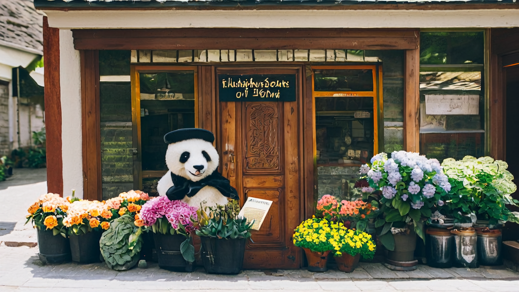 A wool felt panda wearing a wide-brimmed hat holds a letter with customized graphics, standing in front of a flower shop.