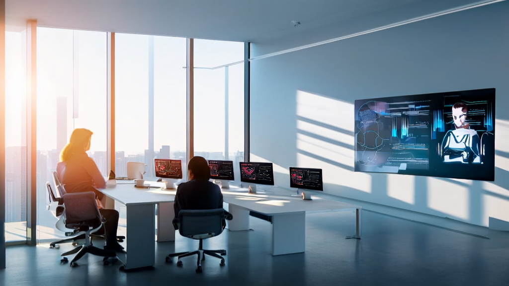 AI email marketing system in a modern office setting, showcasing increased customer engagement and a Google “try-on“ experiment promotional poster
