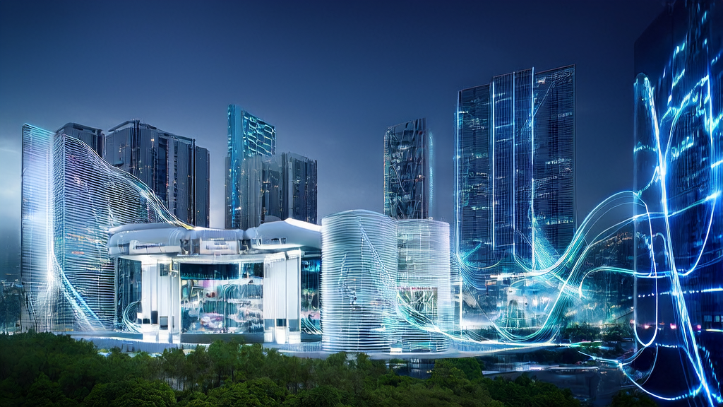 A futuristic city's mail processing center showcasing AI-driven personalized email marketing and security protection