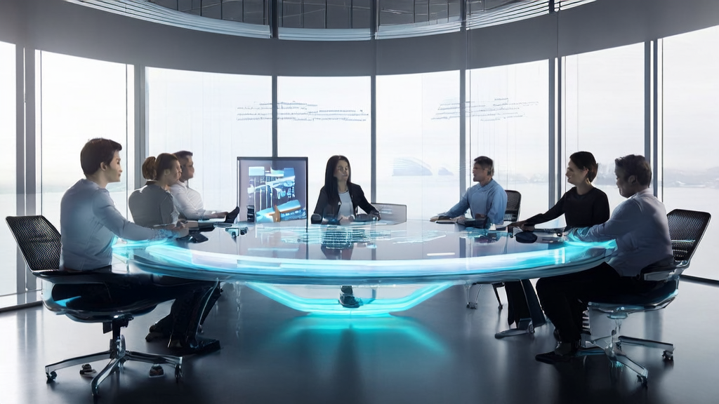 Employees in a futuristic office using AI email templates for personalized marketing