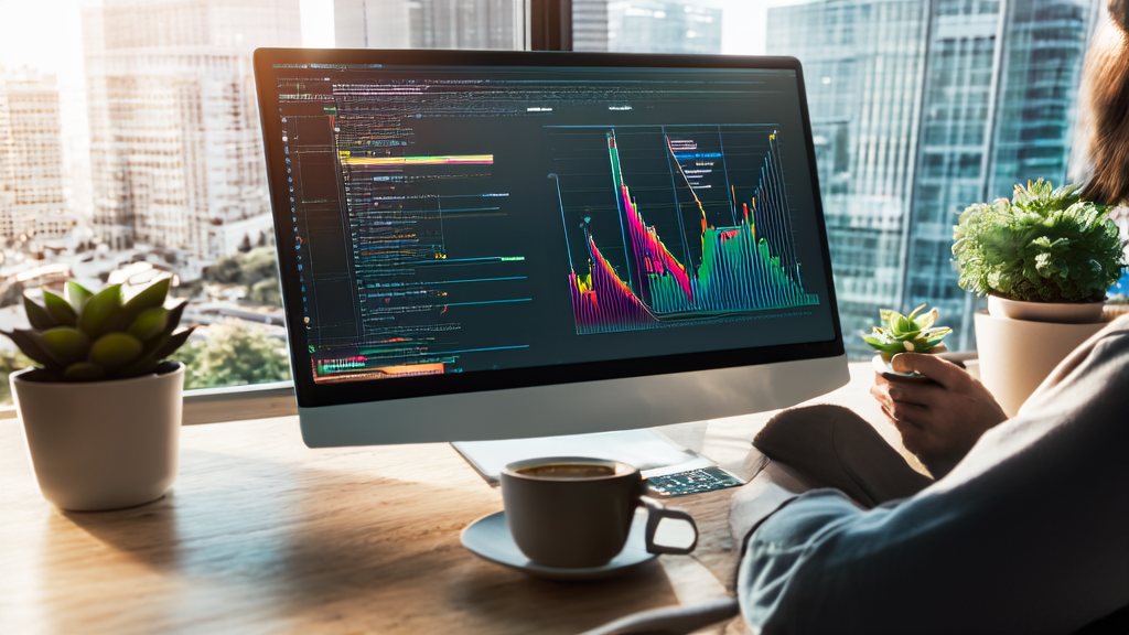 A young entrepreneur using an AI-powered email marketing platform to send personalized customer emails in a modern office