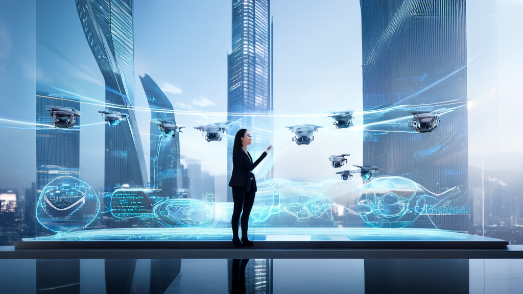 A marketing expert in a futuristic city is using AI technology to create personalized email templates, enhancing email marketing effectiveness.