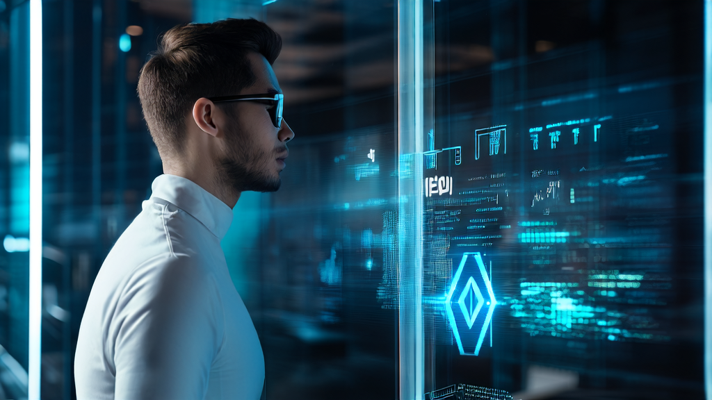 Entrepreneur in a futuristic office using AI-optimized email marketing and anticipating Bilibili's new tool