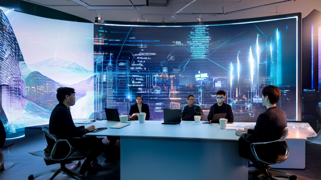 In a modern office, entrepreneurs are discussing AI email marketing acquisition strategies, with a large screen displaying Volcano Engine's AI recommendation feature in the background.