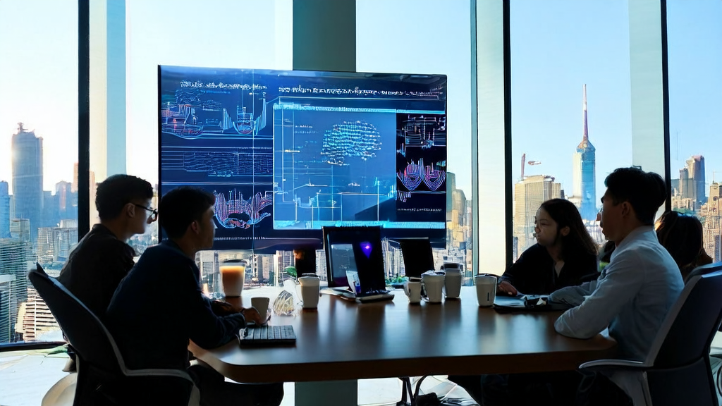 Young entrepreneurs in a modern office discussing AI email marketing strategies, with a view of Shanghai's cityscape and an AI advertising support policy poster in the background.