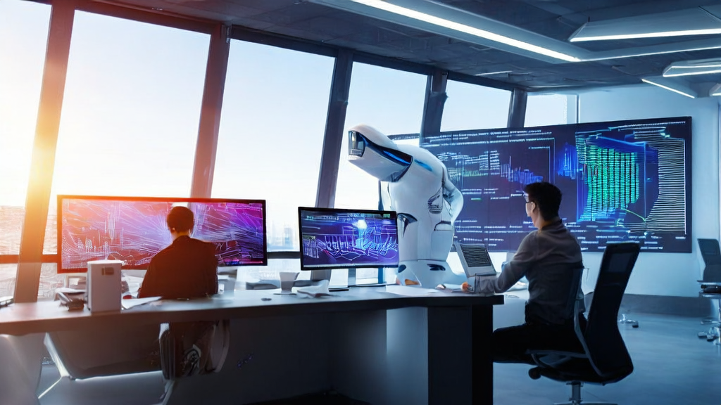 未来感办公室中，营销人员利用AI技术优化邮件营销，提高客户回复率