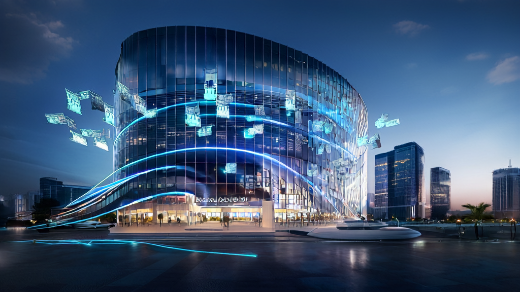 A futuristic city scene featuring AI-powered customer acquisition systems and intelligent email marketing
