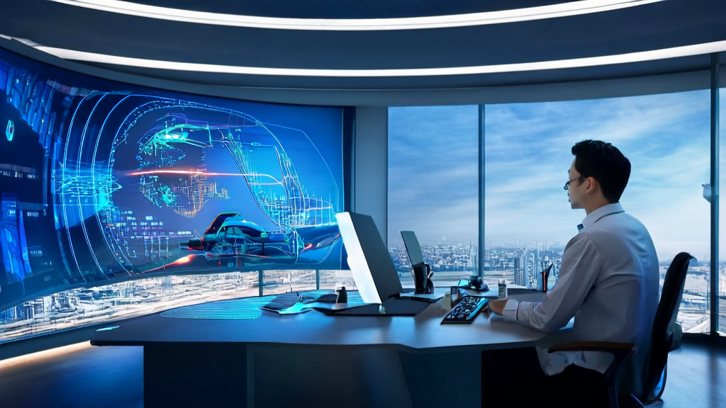 In a futuristic office setting, a marketing expert uses AI technology to optimize email marketing strategies and enhance user engagement.