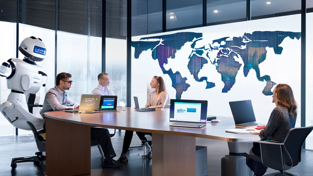 现代化办公室内，员工们正在讨论AI邮件营销策略，展示了复杂的数据分析和算法模型。