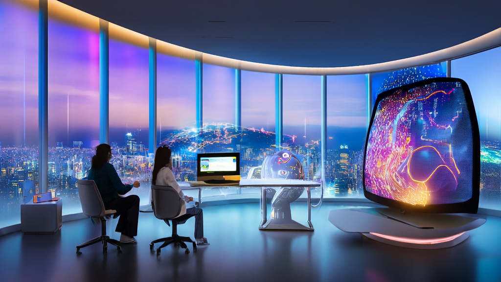 A futuristic office scene showcasing the AI email marketing revolution