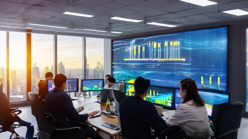 A team in a modern office using Lemon AI for email marketing analysis, with a city skyline in the background
