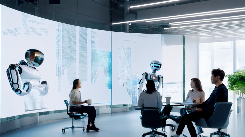 A futuristic office showcasing AI email marketing strategies and the application of Tesla Optimus robots