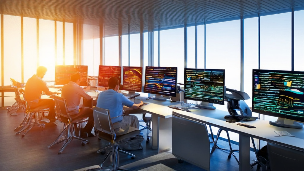 A modern office scenario where AI technology is used for email marketing, showcasing programmers collaborating with intelligent robots to optimize email content and improve customer reach.