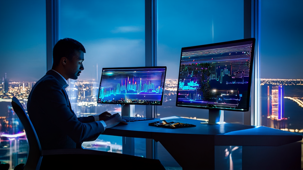 In a futuristic office, an entrepreneur uses AMD Ryzen AI Max+395 for AI email marketing analysis