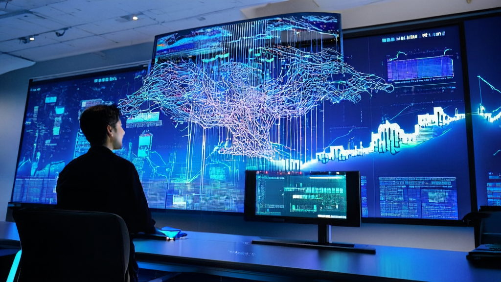 未来科技办公室中展示AI驱动的个性化邮件营销，使用类脑大模型SpikingBrain