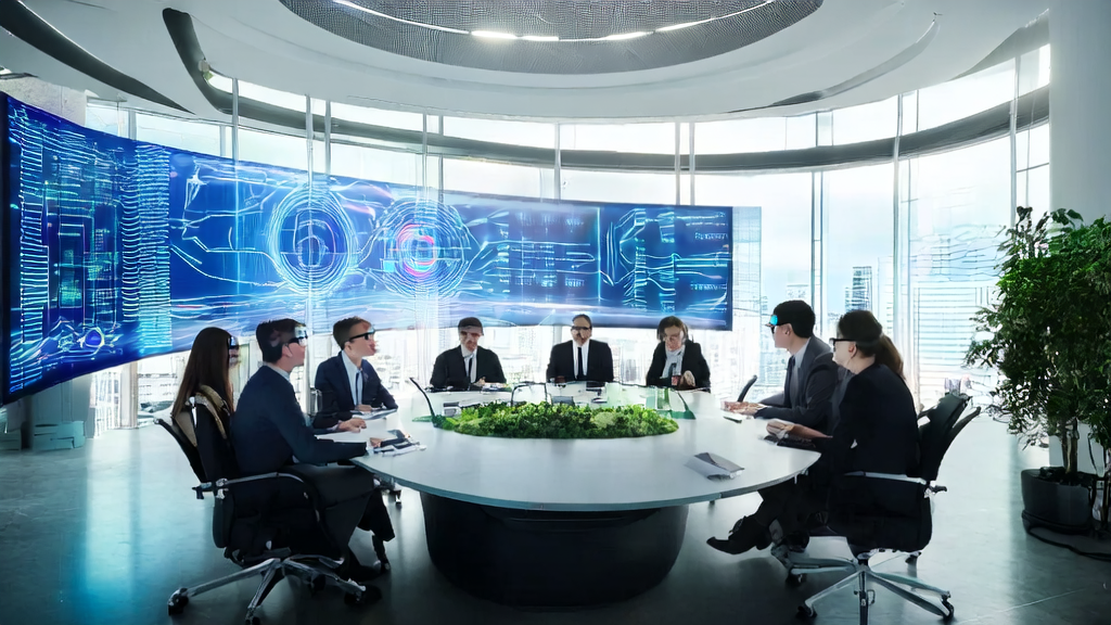 未来办公室中，职业人士使用AI技术优化邮件营销策略