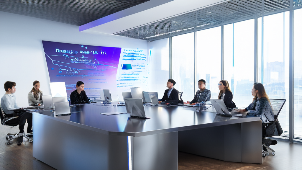 AI Email Marketing Revolutionizing Customer Reach: A scene of entrepreneurs discussing AI-optimized email marketing strategies in a tech-savvy office environment