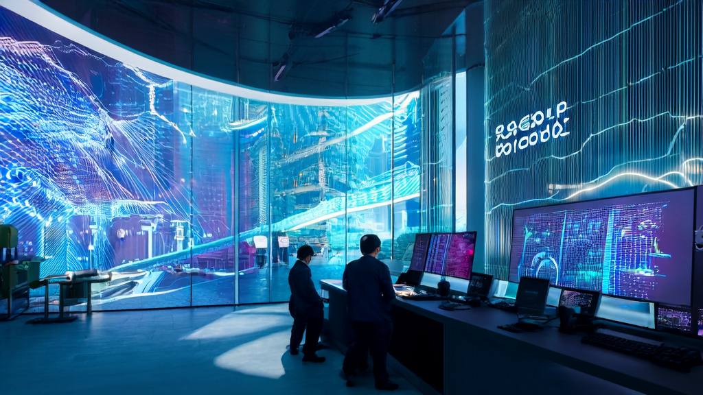 In a modern office building in a futuristic city, technicians are optimizing email marketing using RoboBrain 2.0