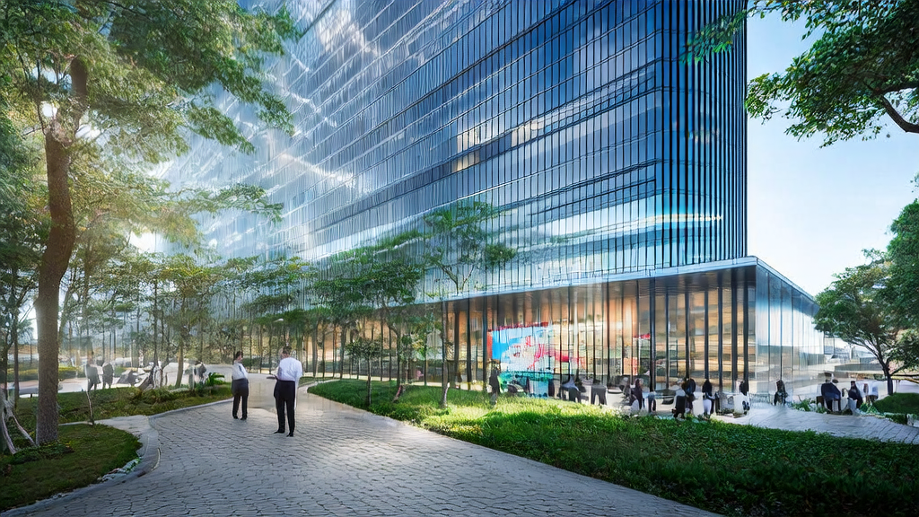现代化办公大楼内的工作人员利用AI工具进行邮件营销，阳光透过玻璃窗洒进室内，象征企业迈向智能获客新时代。
