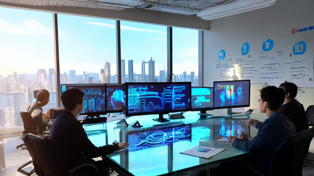 阳光照射下的现代化办公室,团队正在讨论AI邮件营销和潜在客户识别策略