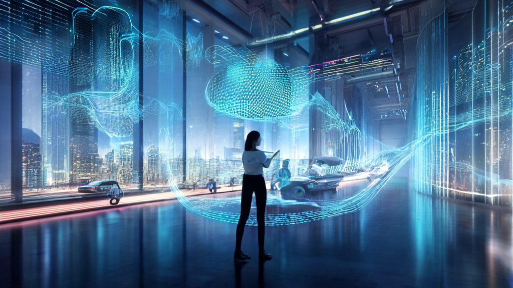 A futuristic city office showcasing AI email marketing strategies with complex data analysis and personalized email content
