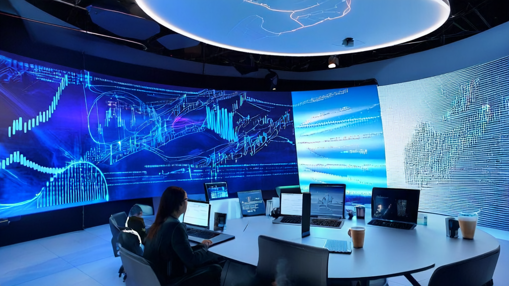 In a modern office, employees are researching AI email marketing strategies to boost reply rates and maximize acquisition, with a background wall showing the growth trend of AI technology energy consumption.