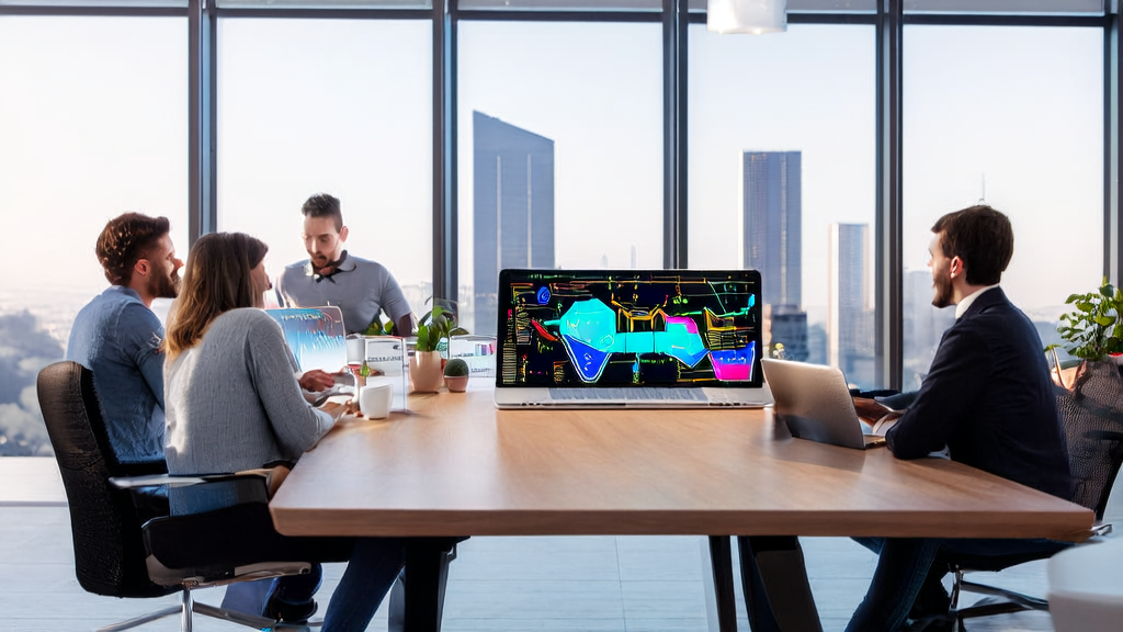 Entrepreneurs discussing AI email marketing strategies in an office, with a laptop and customer feedback reports on the table, and a cityscape outside the window.