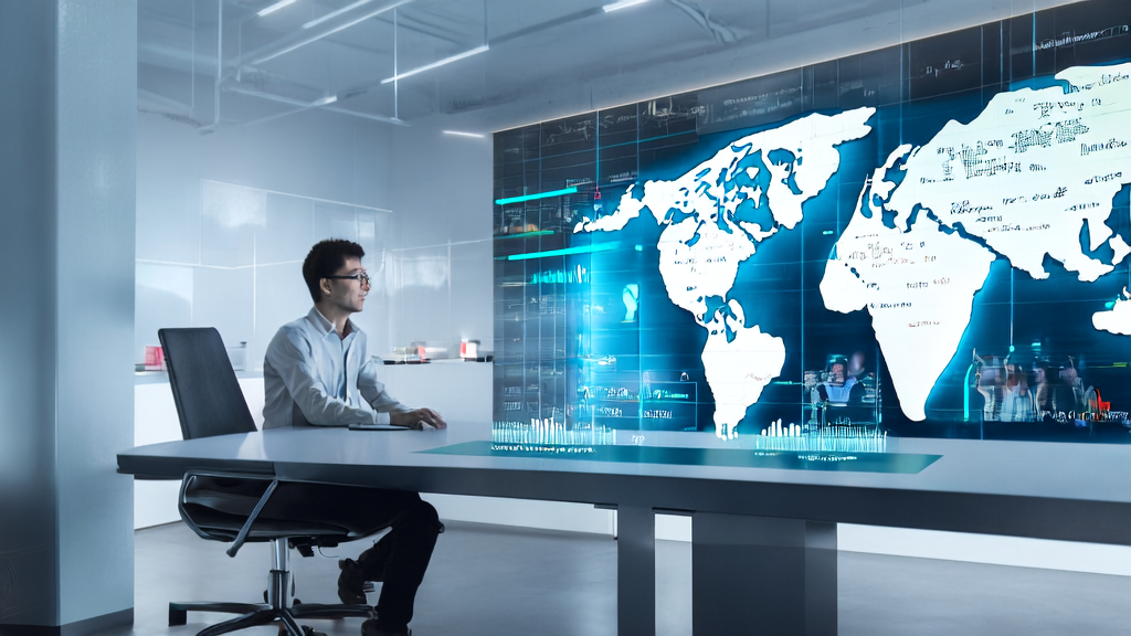 A marketing specialist in a futuristic office using AI email marketing tools with old photo restoration technology displayed