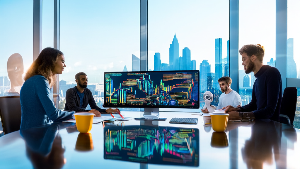 In a modern office, entrepreneurs discuss AI email marketing strategies with a cityscape symbolizing overseas market potential outside the window.