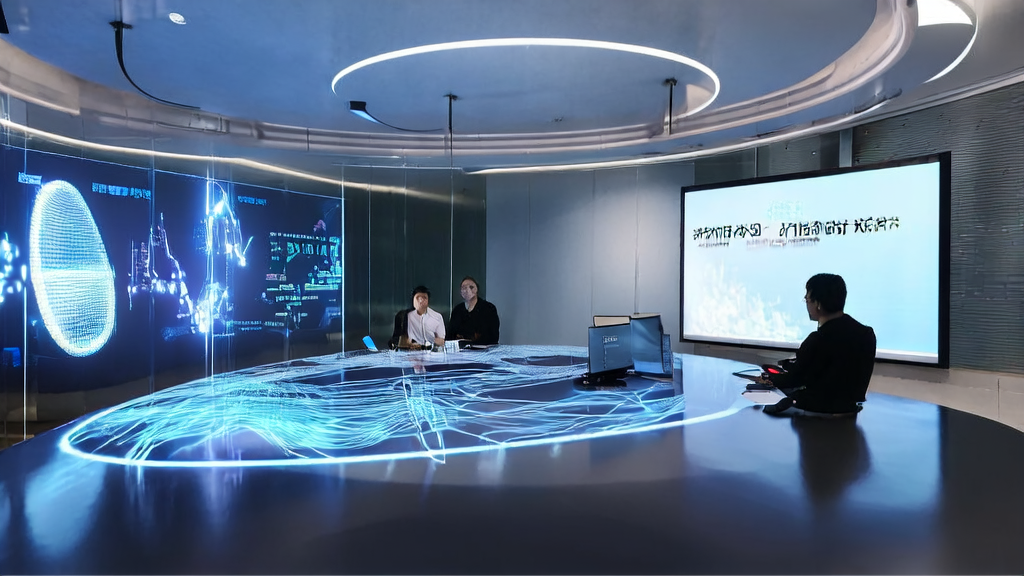 未来感办公室中展示AI邮件营销策略革新的全息投影和EvoSearch技术