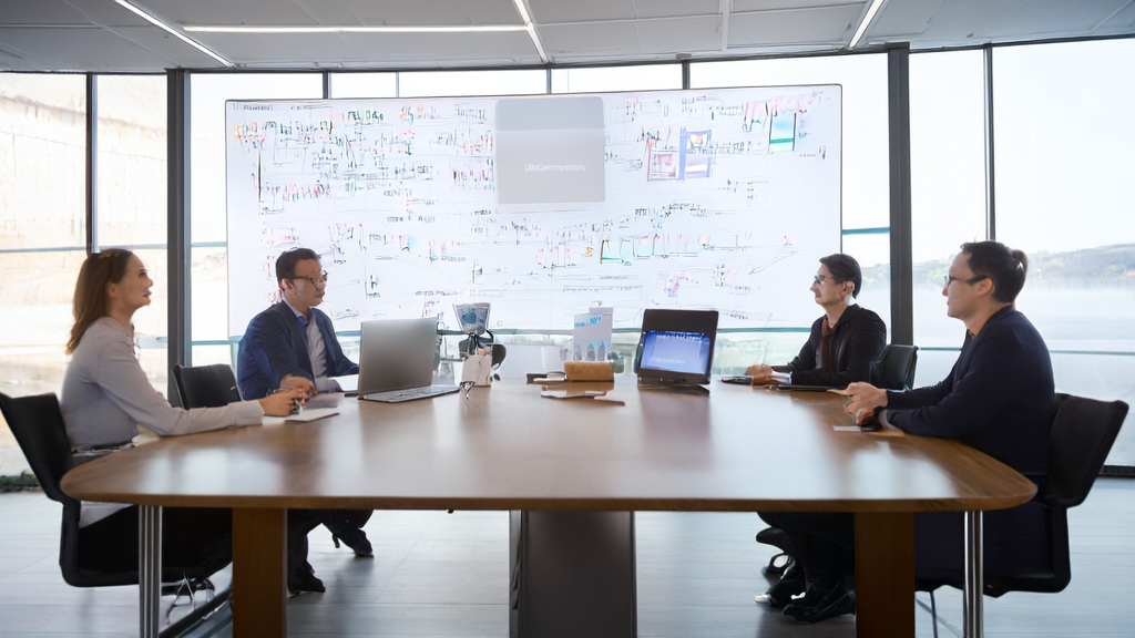 Team members discussing how to use AI email marketing strategies to increase customer conversion rates in an office setting