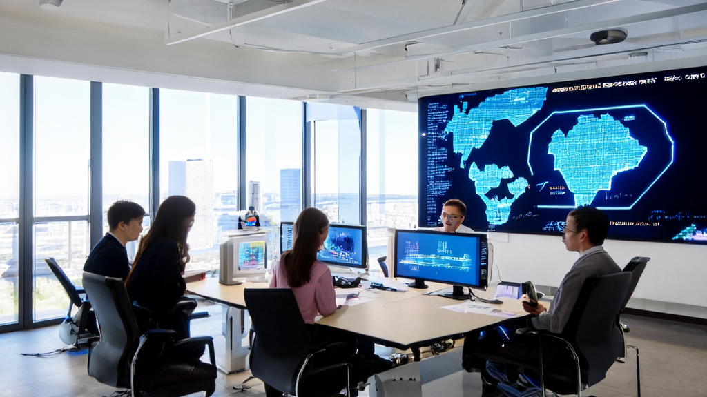 In a modern office, team members are having an intense discussion about AI email marketing, with a large screen displaying global market data and a smart robot automatically drafting email content.