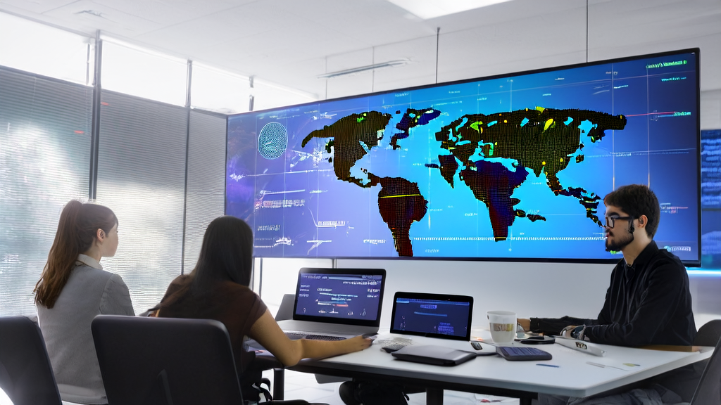 Team members discussing AI email marketing strategies in a tech-filled office, with screens displaying customer data and email sending statistics, and a world map on the wall.