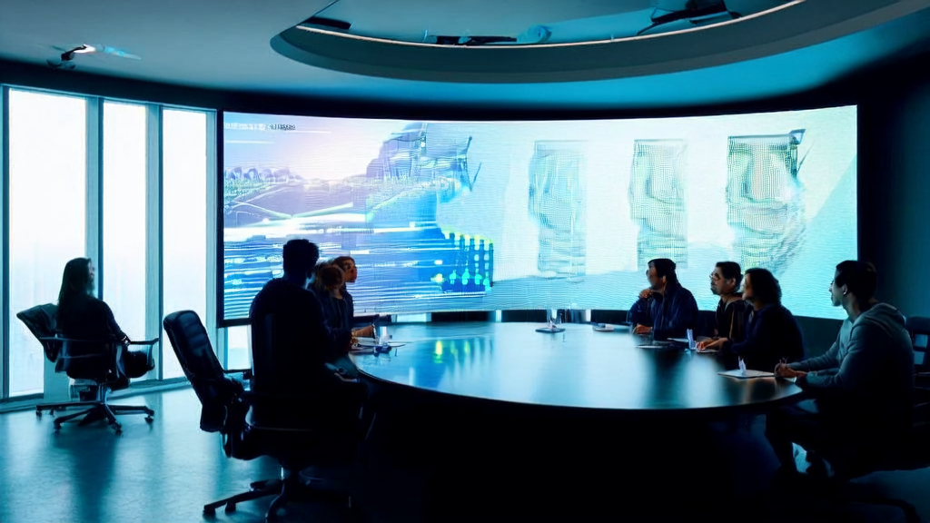 在充满科技感的办公室中，团队成员围坐在一起探讨AI邮件营销的新进展