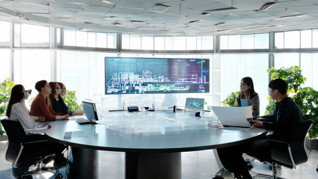 年轻团队在充满科技感的办公室中讨论AI邮件营销方案，墙上挂着网易有道“子曰3”模型的宣传海报。