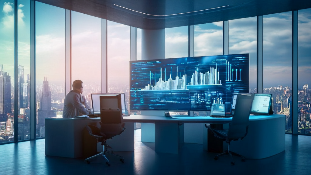 In a futuristic office with city skyline in the background, a marketing expert is using AI email marketing tools to optimize email content, alongside a display of Suno's vocal restoration technology.