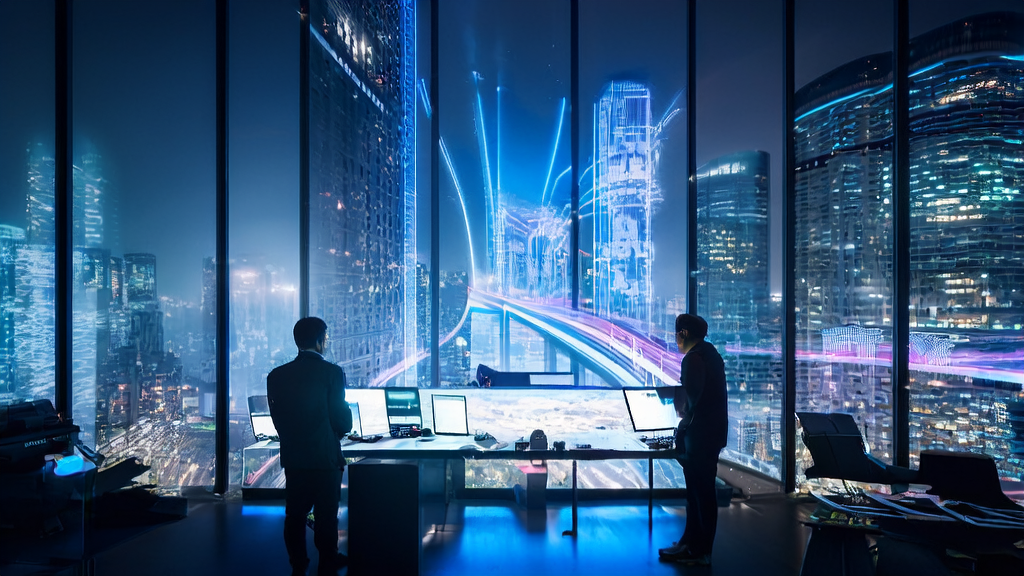 未来城市的现代化办公室中，技术人员利用AI技术和4D-LRM模型进行邮件营销优化，展示从模板设计到精准触达的全过程。