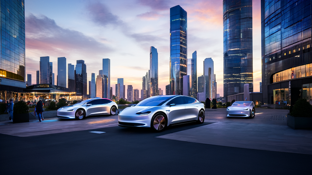 Tesla Robotaxi fleet and AI email marketing team working synergistically in a futuristic city to enhance service efficiency and user experience.