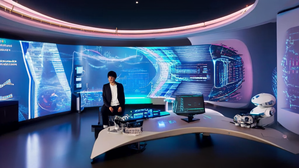 In a futuristic office, an entrepreneur uses AI technology for email marketing to achieve high-conversion customer acquisition