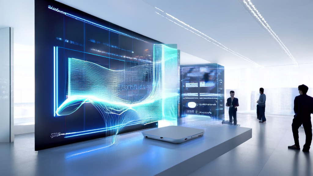 In a futuristic office, employees interact with AI assistants via transparent screens, showcasing personalized email marketing and the latest “Doubao Phone“