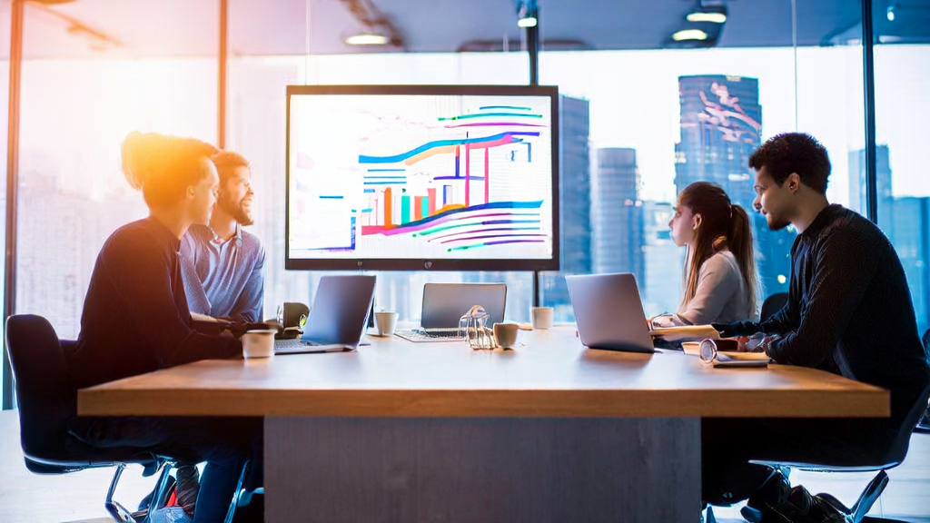 In a modern office, entrepreneurs are discussing AI-based high-conversion email strategies, with the city skyline symbolizing opportunities outside the window.