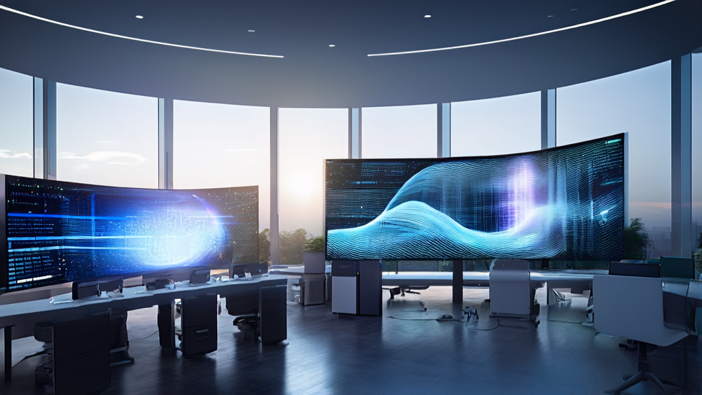 A futuristic office showcasing the operation of an AI email marketing system, including personalized email generation and the use of Tencent AudioGenie for sound effect creation
