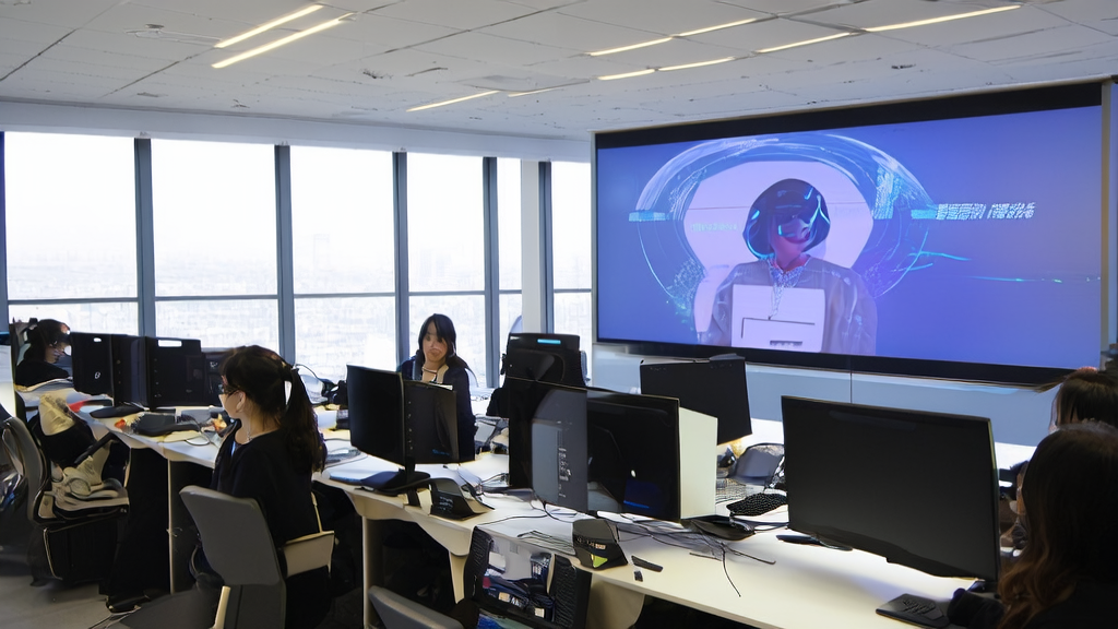 现代办公室中，员工利用阿里云Vivid-VR工具生成高质量视频并进行个性化邮件编辑。